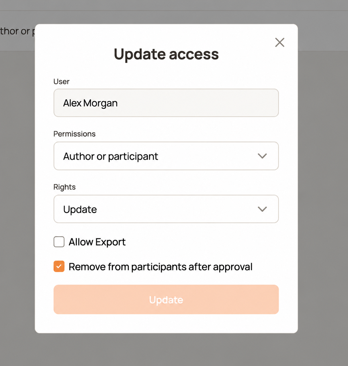Update access dialog showing Permissions, Rights, Allow Export, and removal from participants after approval