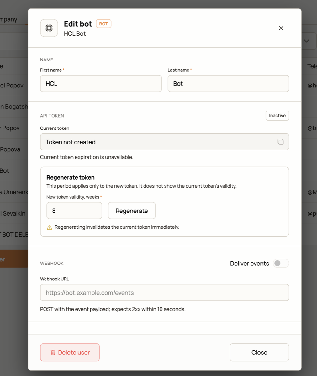 Webhook settings in the bot card