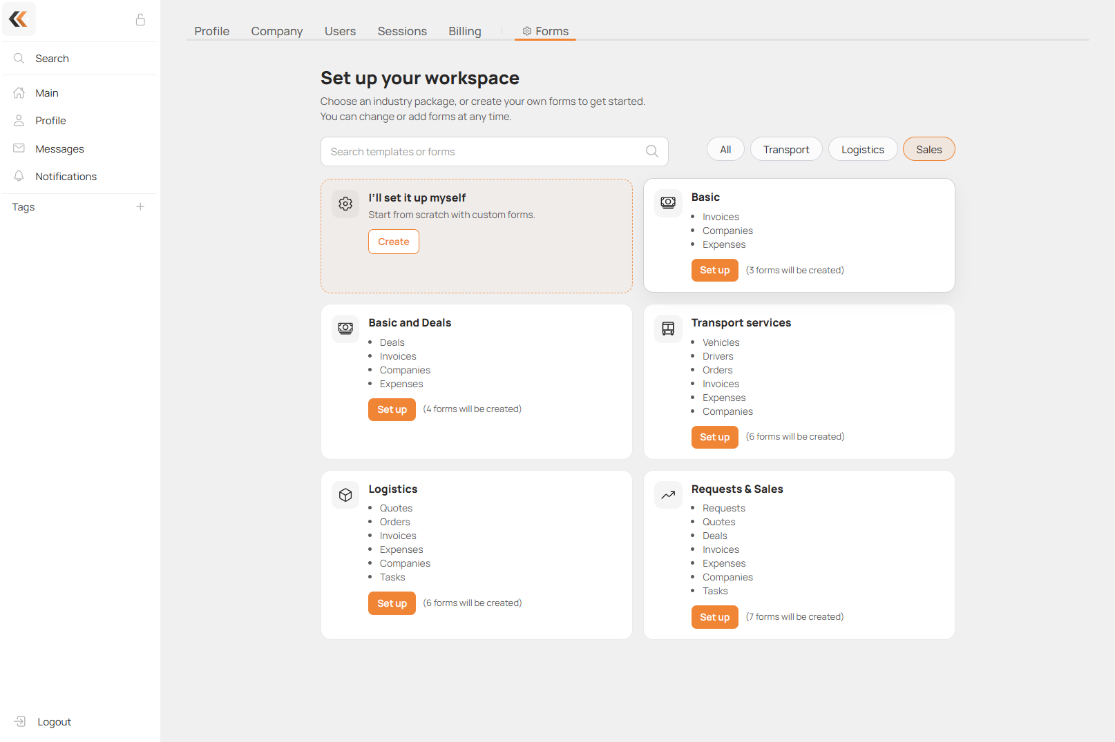 Business templates — choose a set of forms