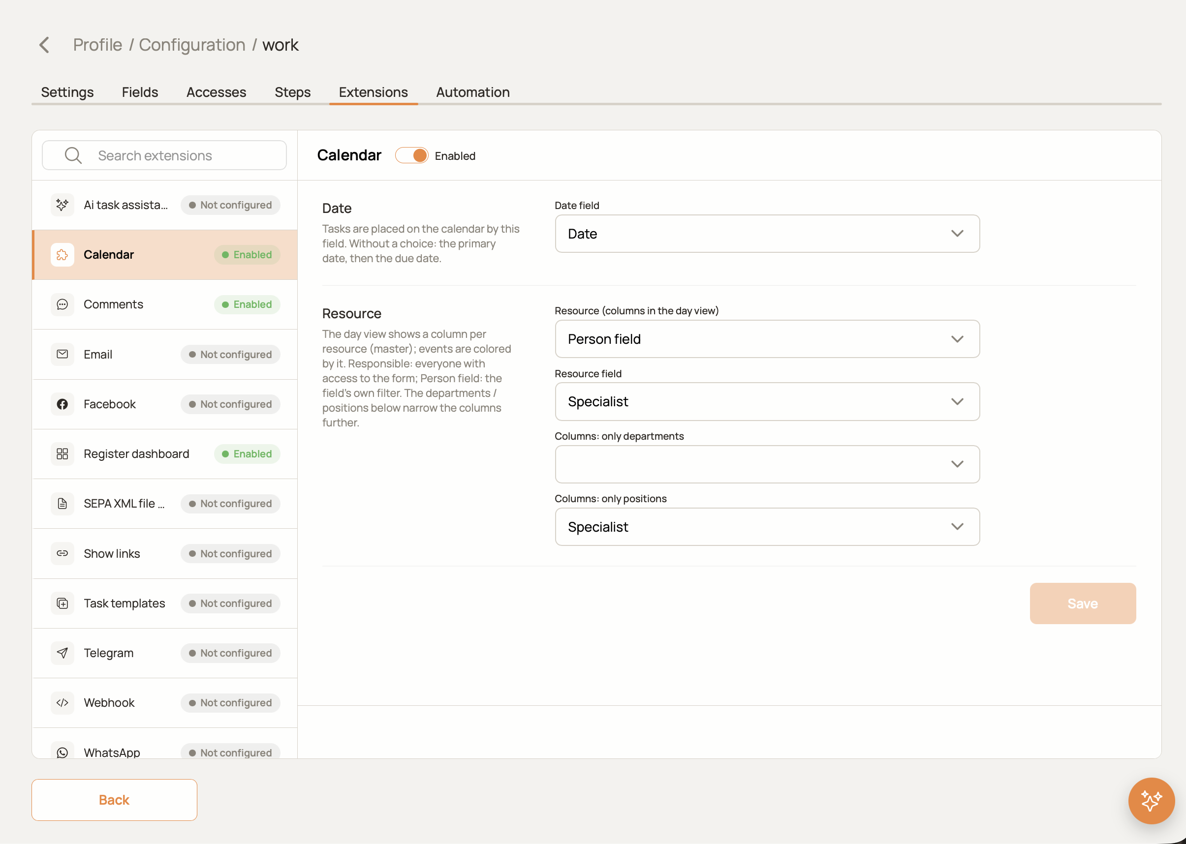 Calendar extension settings