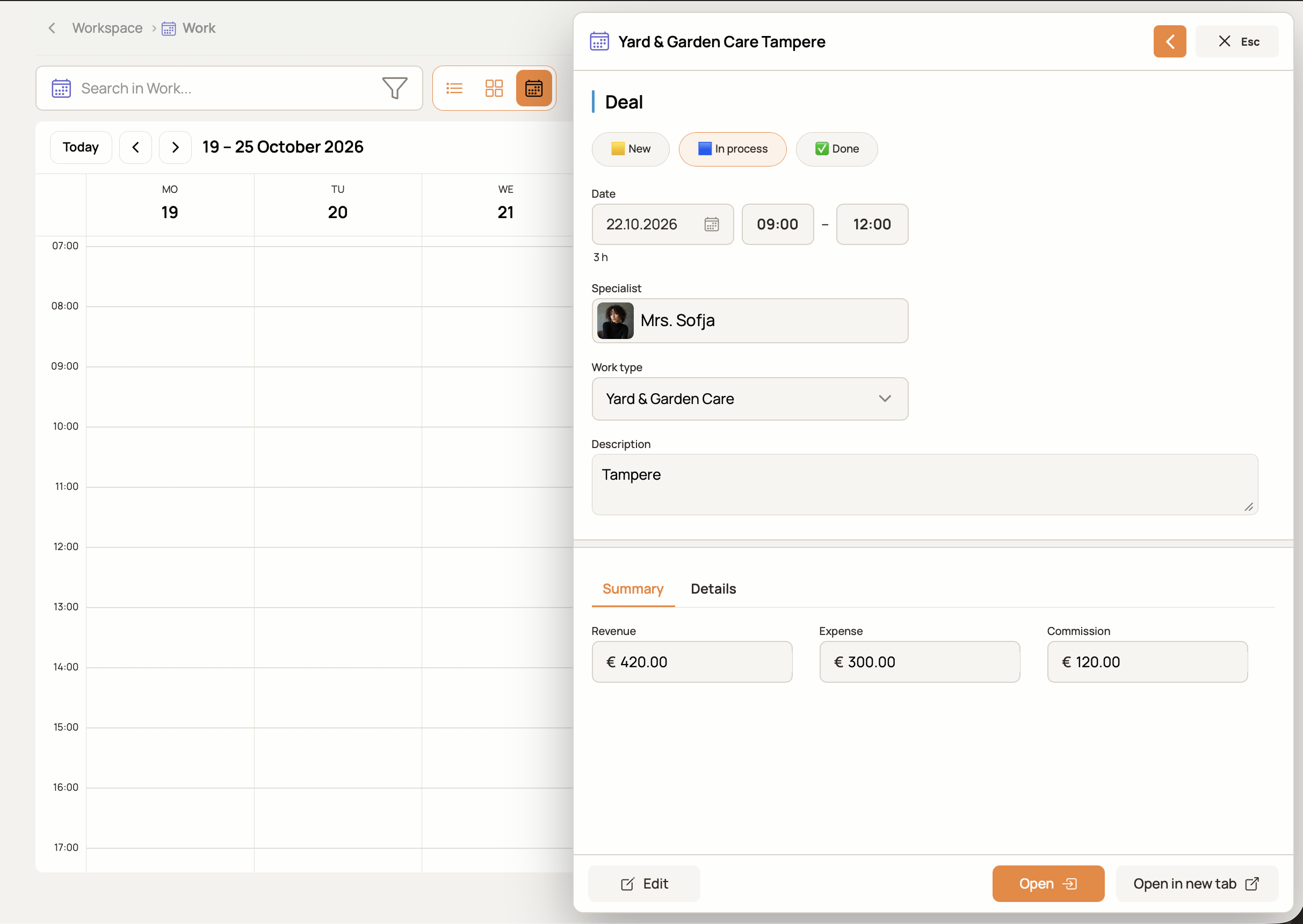Task preview opened from the calendar