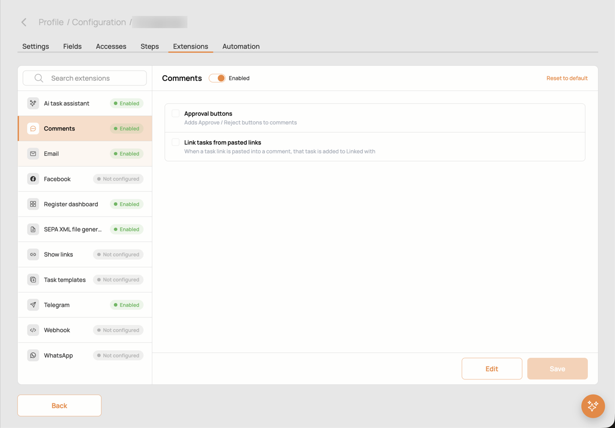 Comments extension settings
