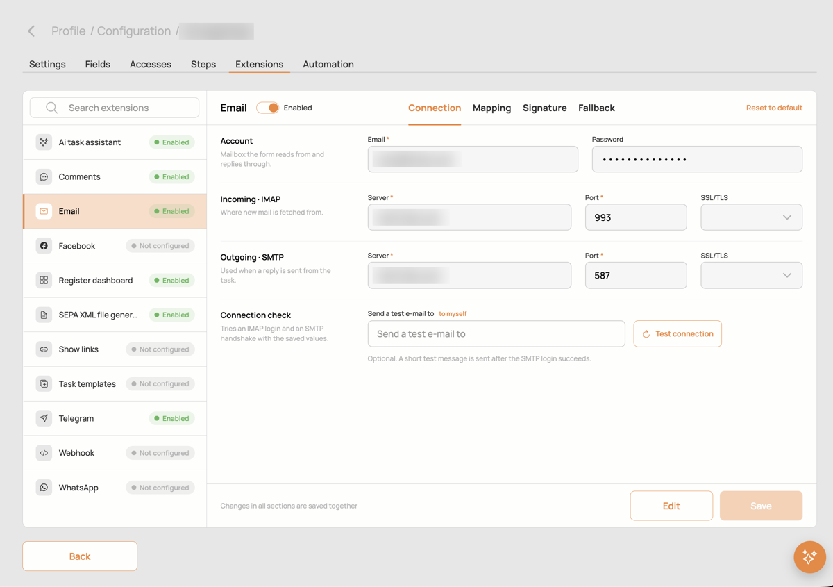 Email extension settings