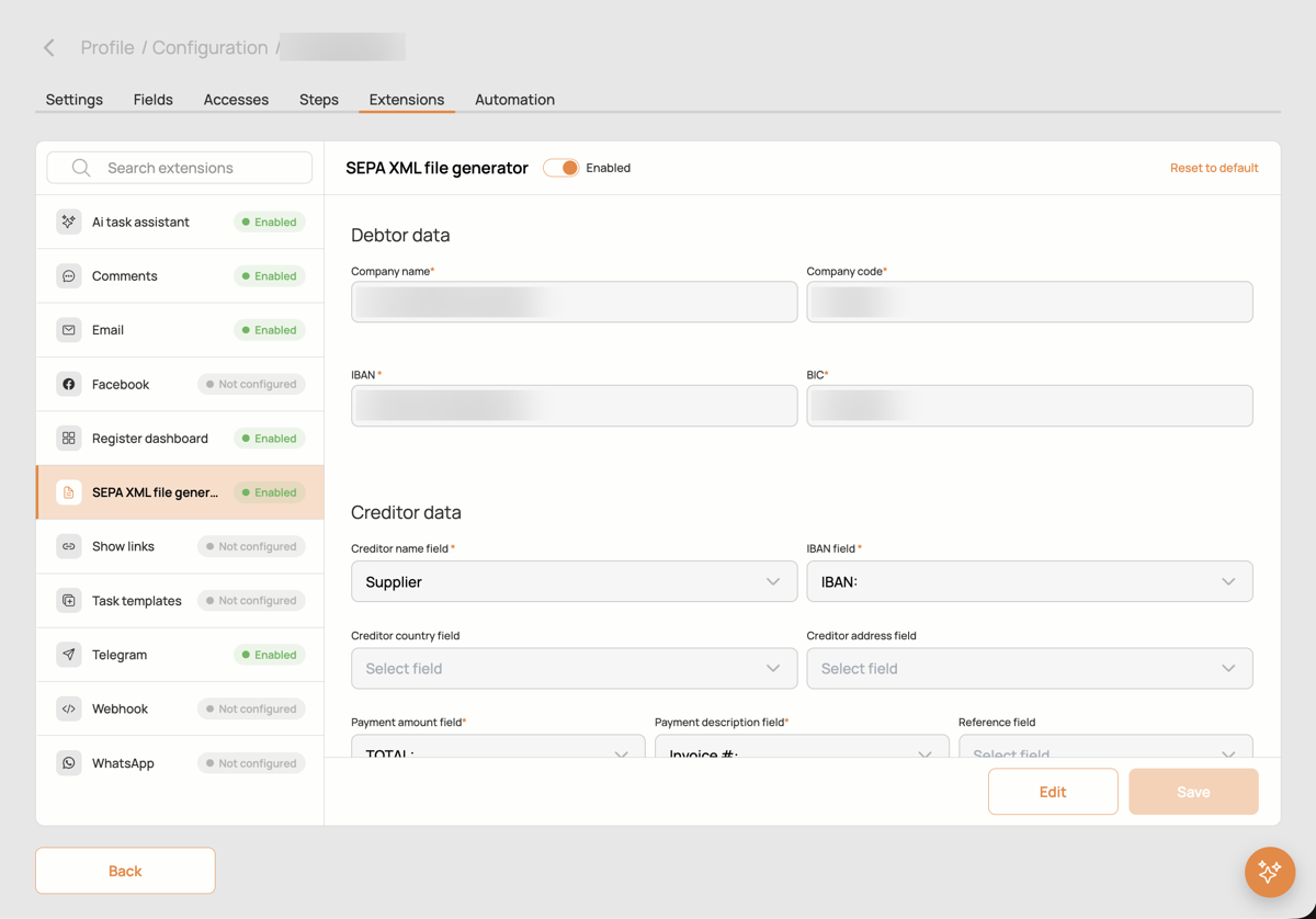SEPA XML settings