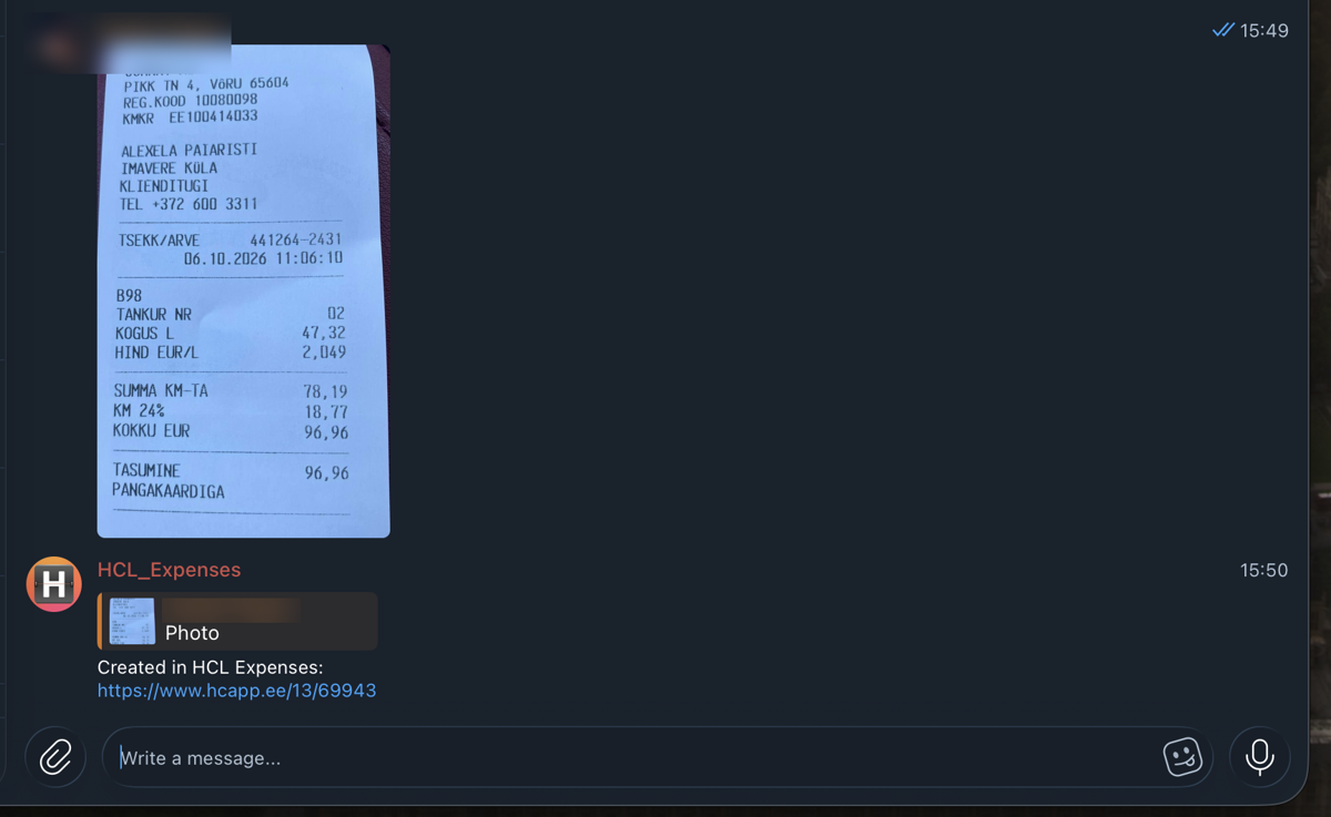 A task created from Telegram and the bot's reply with a link