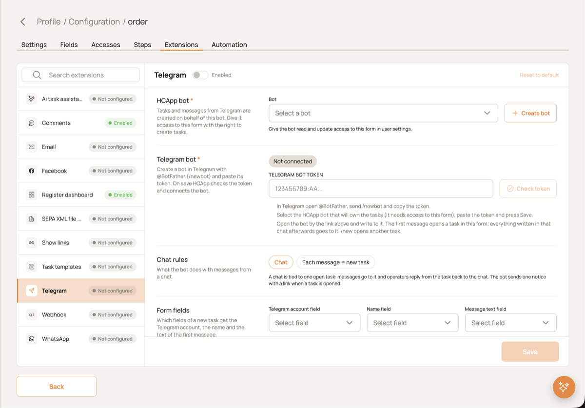 Telegram extension settings