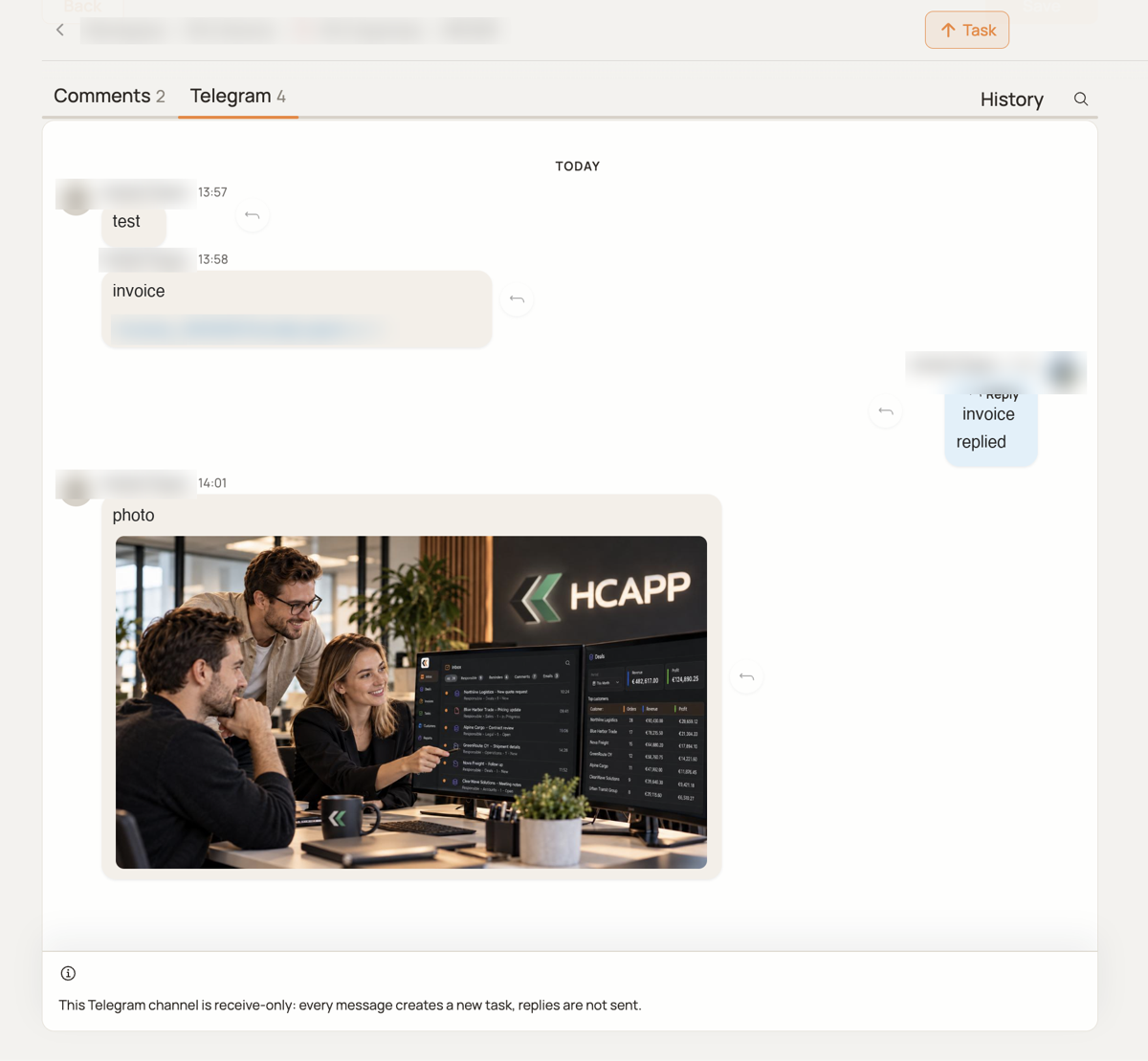 Telegram tab in a task