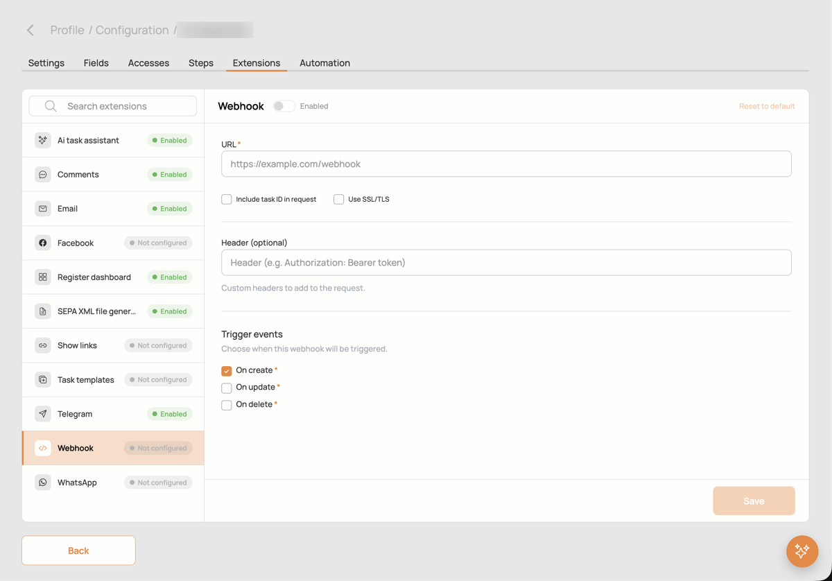 Webhook extension settings